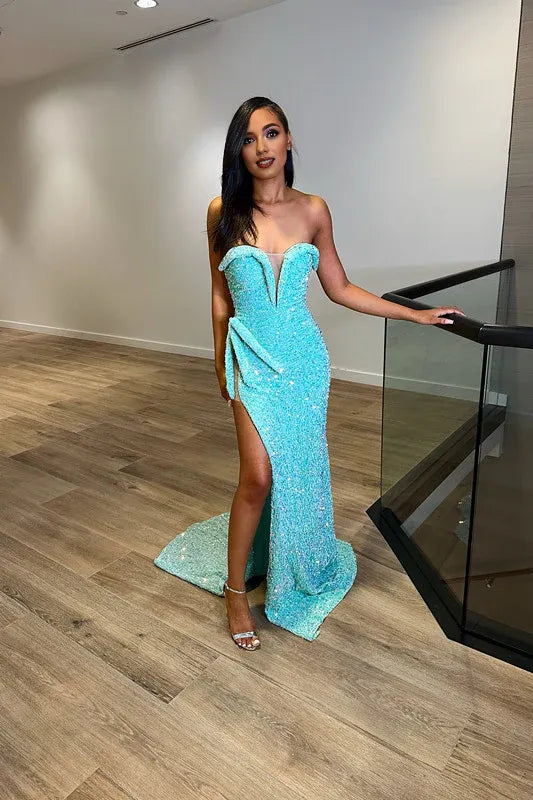 Exquisited Mermaid Sweetheart Sleeveless Sequins Split Floor-Length Prom Dress