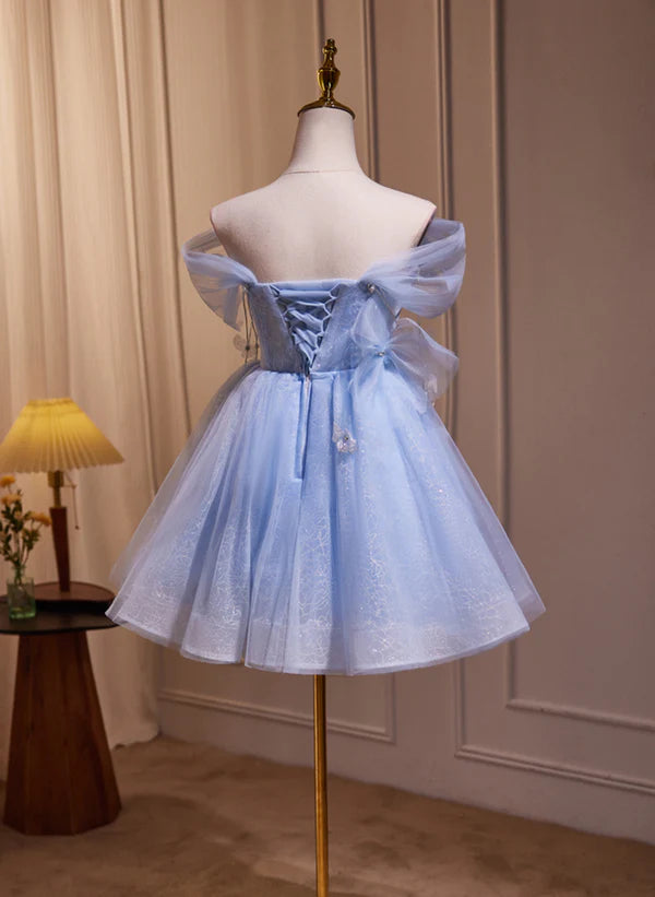 A-line Blue Short Off Shoulder Knee Length Homecoming Dress