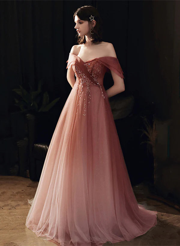 Vestido formal largo de tul rosa degradado con cuentas y corte en A