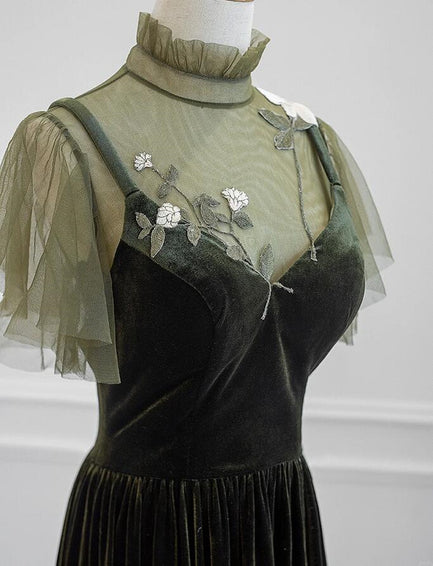 A-line Green Velvet Long Wedding Party Dress