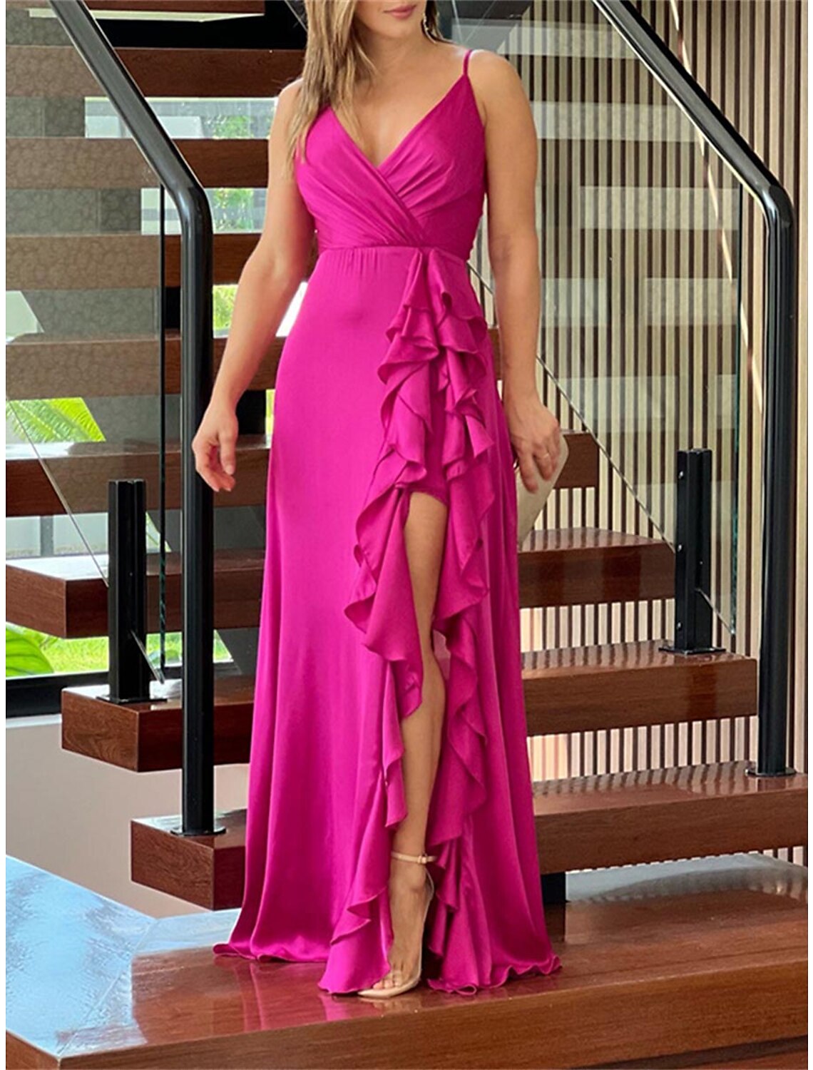 Weitese Women's Prom Dress Party Dress Wedding Guest Dress Long Dress Maxi Dress Fuchsia Green Dark Blue Sleeveless Pure Color Ruffle Spring Fall Winter Spaghetti Strap Fashion Birthday Evening Party Wedding