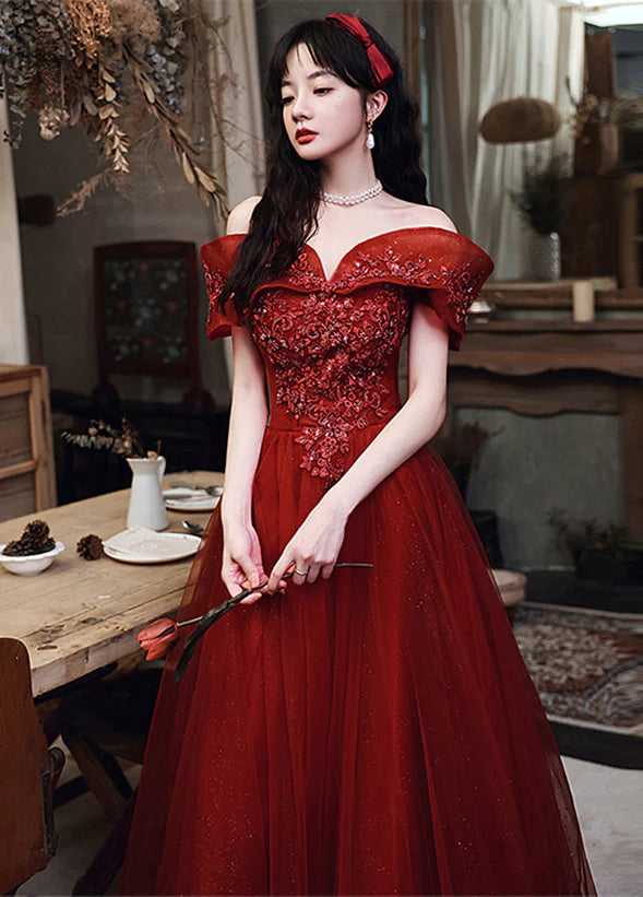 Wine Red Tulle Off Shoulder Floor Length Party Dress