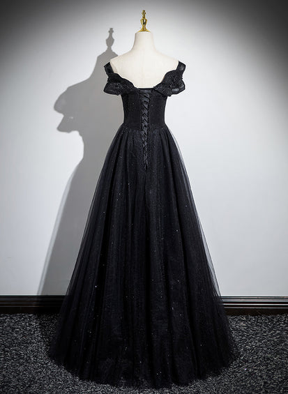 Robe de soirée trapèze noire en tulle et dentelle à épaules dénudées