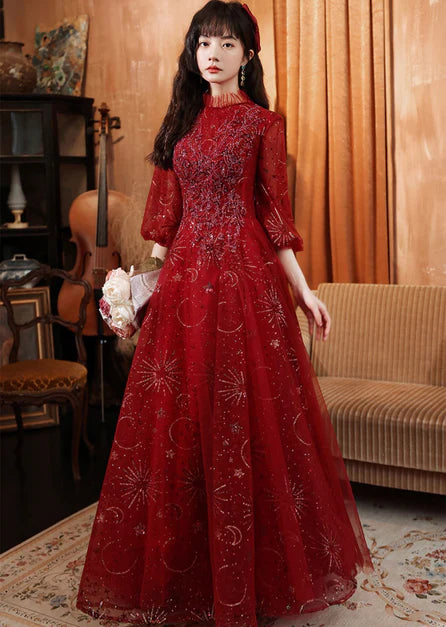 Wine Red Tulle Puffy Sleeves Long Party Dress