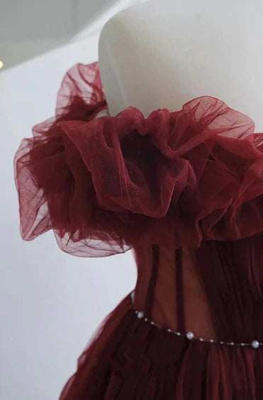 Wine Red Tulle Sequins Long Off Shoulder Party Dress