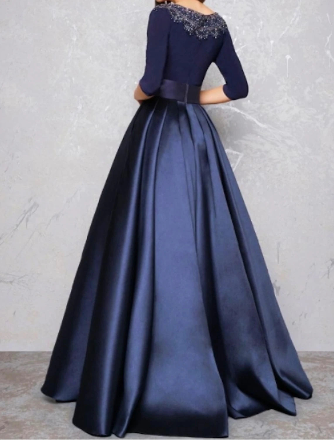 Weitese Ball Gown Evening Gown Minimalist Dress Quinceanera Formal Evening Floor Length Half Sleeve Illusion Neck Fall Wedding Guest Satin with Pleats Lace Insert