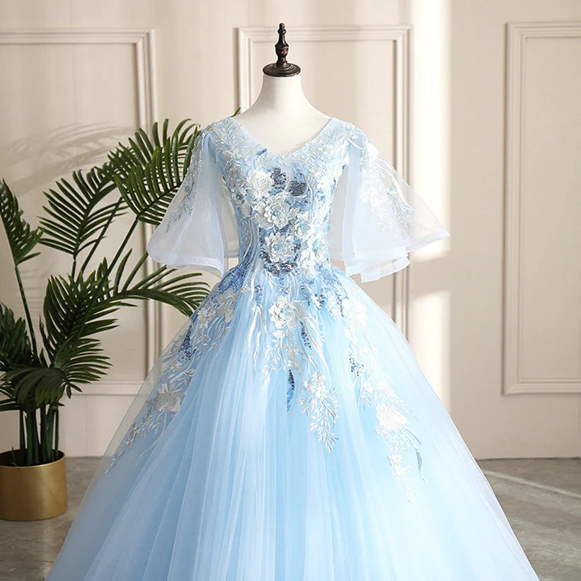 Light Blue Ball Gown V-neckline Puffy Sleeves Party Dress