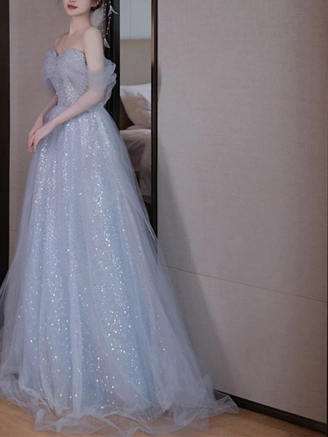 A-Line Party Dresses Elegant Dress Wedding Guest Prom Floor Length Sleeveless Off Shoulder Sequined with Sequin