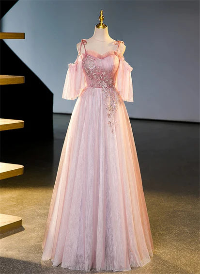 Robe de soirée longue rose en tulle à épaules dénudées et perles
