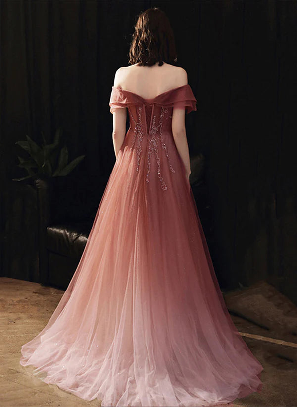 A-line Pink Gradient Tulle Long Beaded Formal Dress