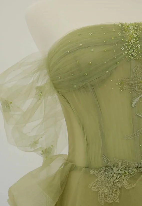 Light Green Tulle with Beaded A-line Prom Dress