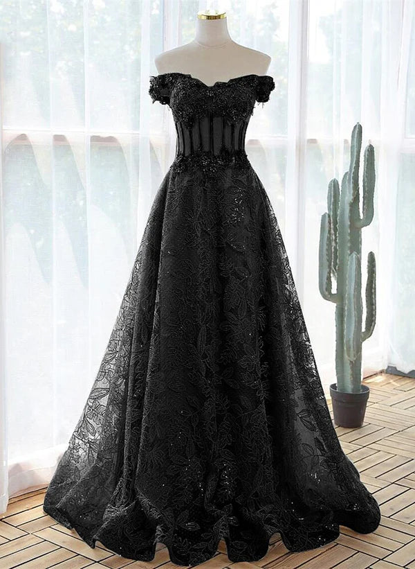 Black A-line Lace Off Shoulder Tulle with Lace Prom Dress