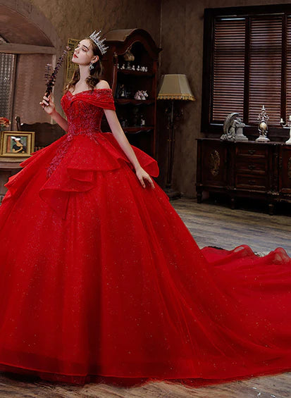 Red Tulle Sweetheart Ball Gown Beaded Long Formal Dress