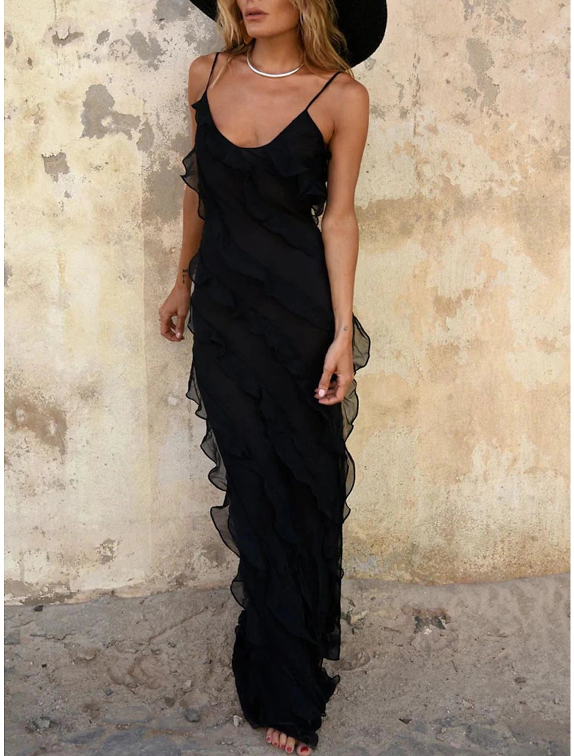 Vestido negro para mujer, vestido de fiesta, vestido largo, vestido maxi, negro, rojo, sin mangas, color puro, volantes, verano, primavera, tirantes finos, moda, boda, invitada, fiesta de noche, vacaciones, ajustado