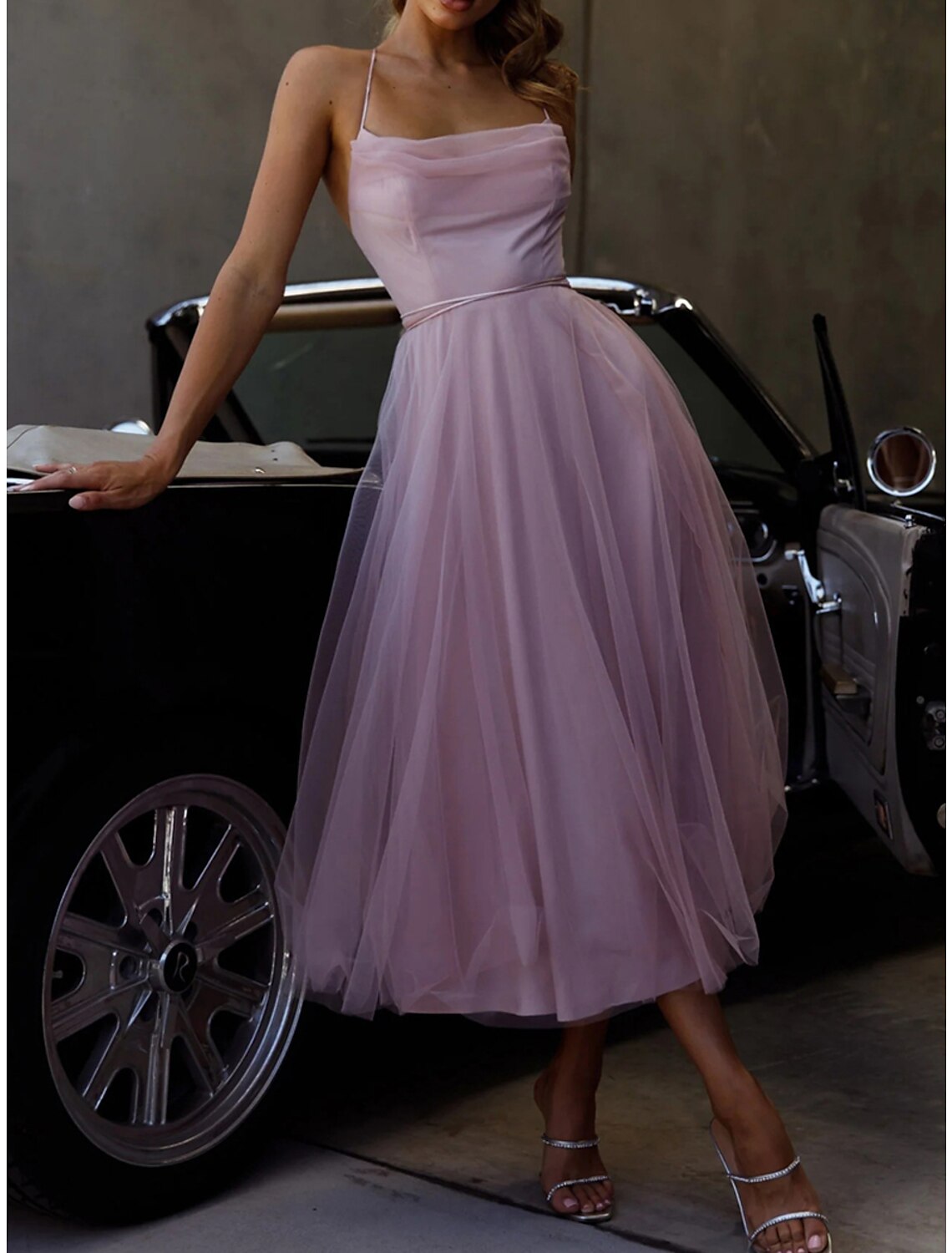 Women's Party Dress Homecoming Dress Wedding Guest Dress Midi Dress Purple Sleeveless Pure Color Mesh Spring Fall Winter Spaghetti Strap Fashion Birthday Wedding Guest Vacation