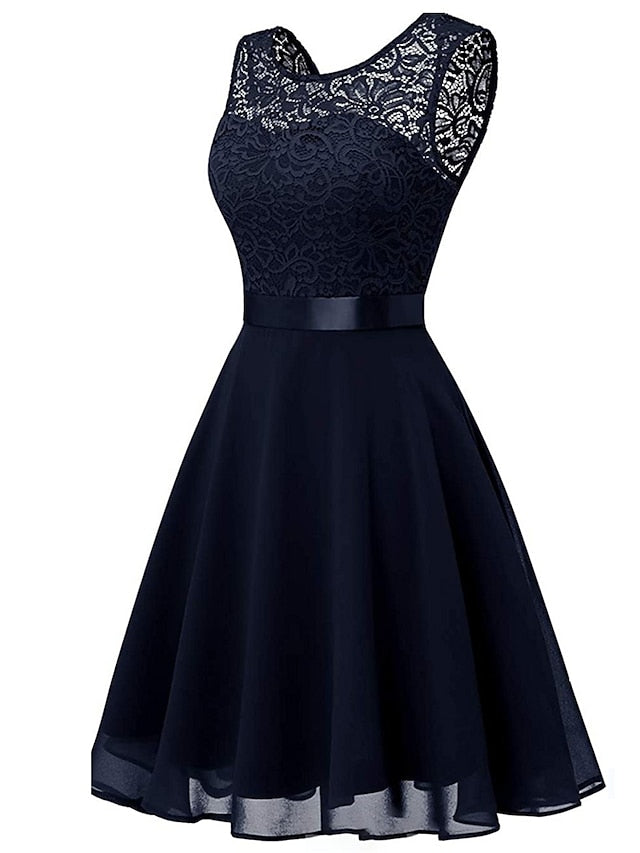 Women‘s Party Dress Lace Dress Knee Length Dress Pink Red Wine Dark Blue Red White Black Sleeveless Pure Color Lace Spring Summer Crew Neck Elegant