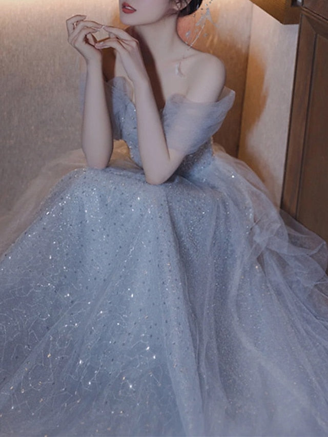 A-Line Party Dresses Elegant Dress Wedding Guest Prom Floor Length Sleeveless Off Shoulder Sequined with Sequin