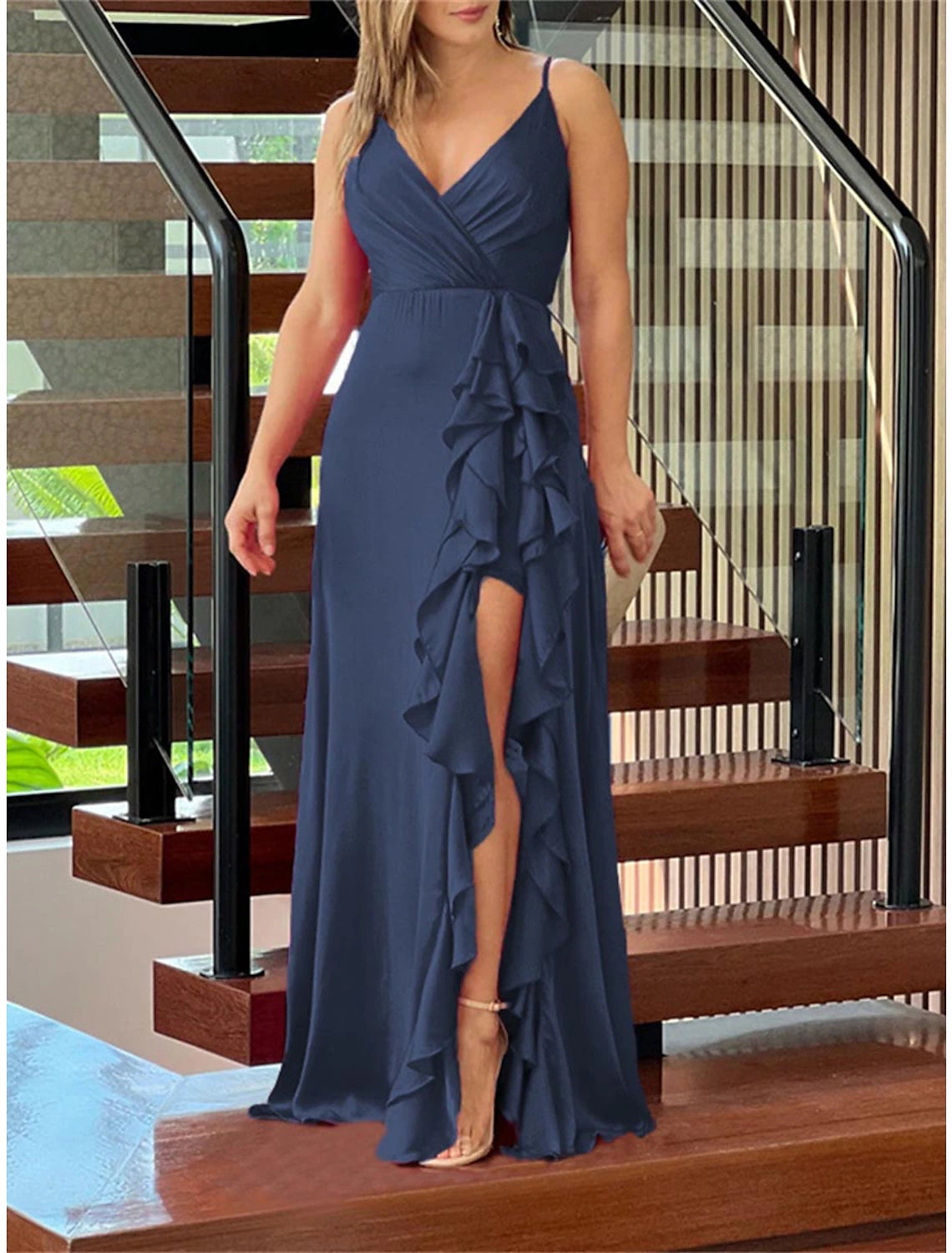 Weitese Women's Prom Dress Party Dress Wedding Guest Dress Long Dress Maxi Dress Fuchsia Green Dark Blue Sleeveless Pure Color Ruffle Spring Fall Winter Spaghetti Strap Fashion Birthday Evening Party Wedding