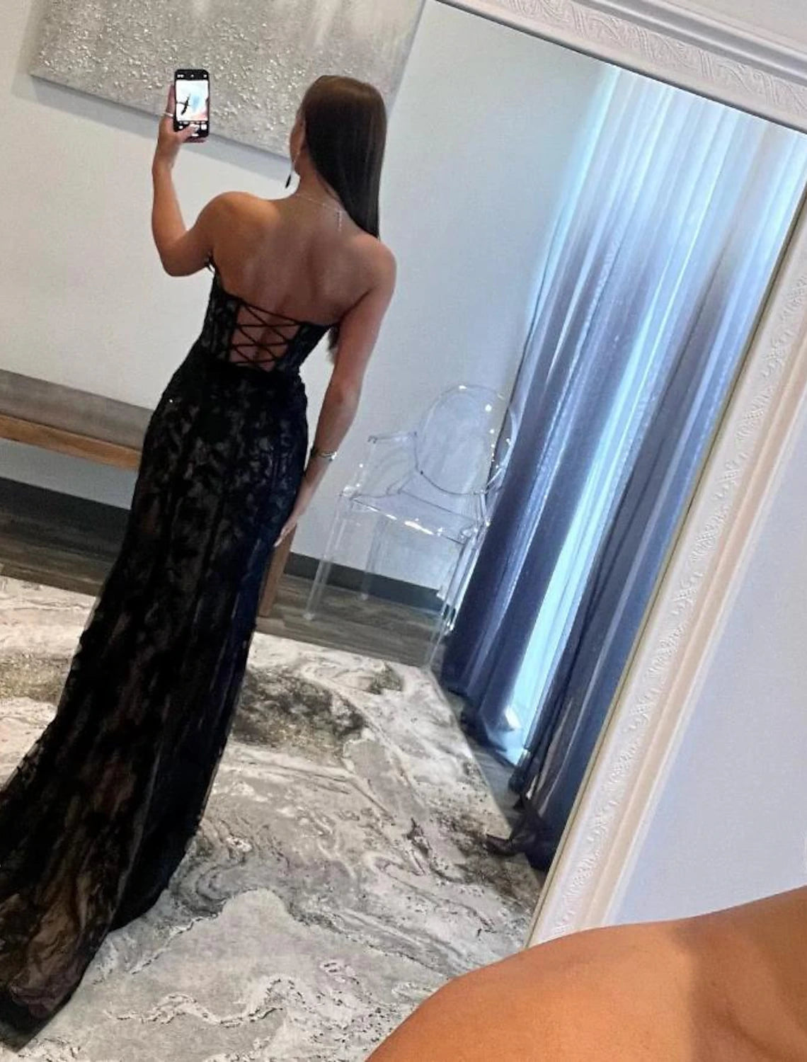 Weitese A-Line Mermaid / Trumpet Evening Gown Open Back Dress Graduation Prom Sweep / Brush Train Sleeveless Sweetheart Wednesday Addams Family Lace Backless with Glitter Slit Appliques