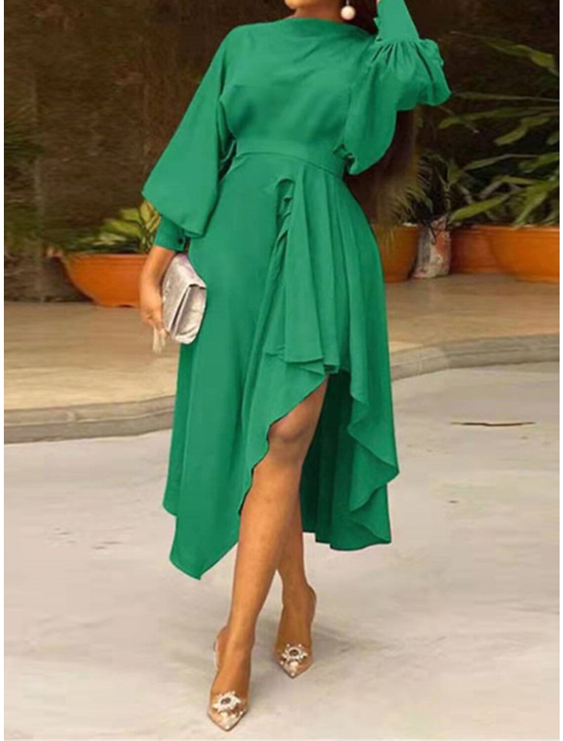 Weitese Women's Prom Dress Party Dress Wedding Guest Dress Midi Dress Black Red Green Long Sleeve Pure Color Plus High Low Fall Winter Autumn Crew Neck Fashion Winter Dress Wedding Guest Evening Party