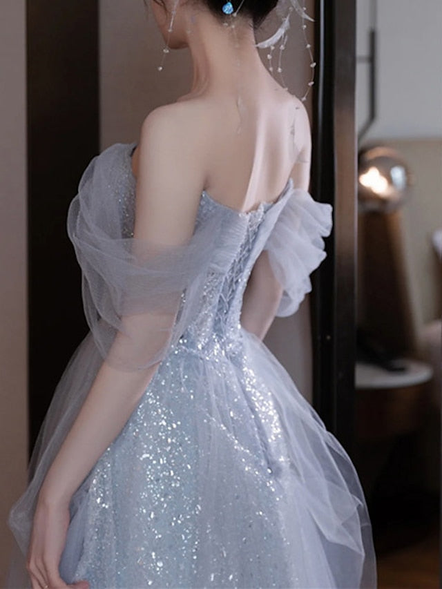 A-Line Party Dresses Elegant Dress Wedding Guest Prom Floor Length Sleeveless Off Shoulder Sequined with Sequin