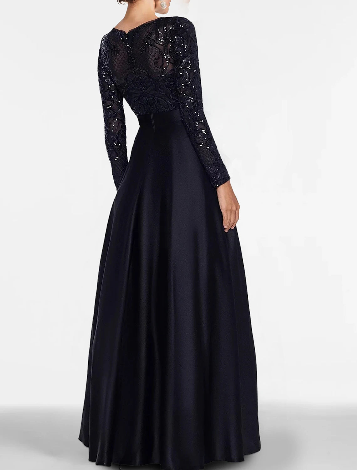 Weitese A-Line Evening Gown Elegant Dress Formal Black Tie Floor Length Long Sleeve Off Shoulder Fall Wedding Guest Satin with Slit Pocket