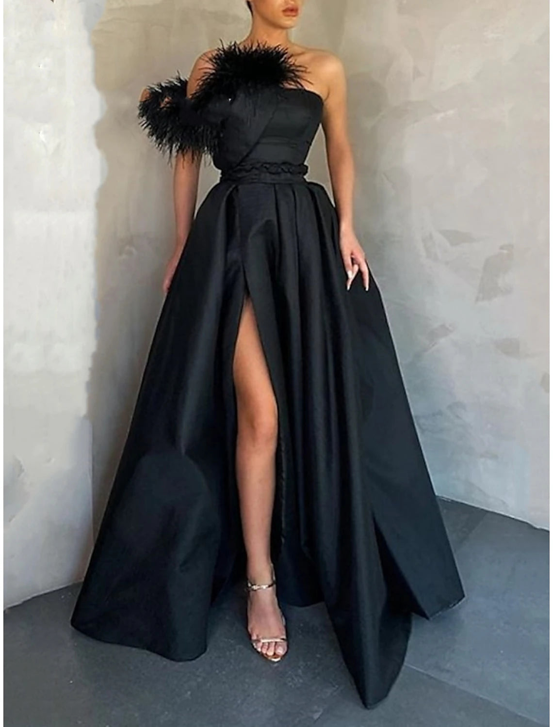 Weitese A-Line Evening Gown High Split Dress Formal Floor Length Sleeveless One Shoulder Satin with Feather Slit