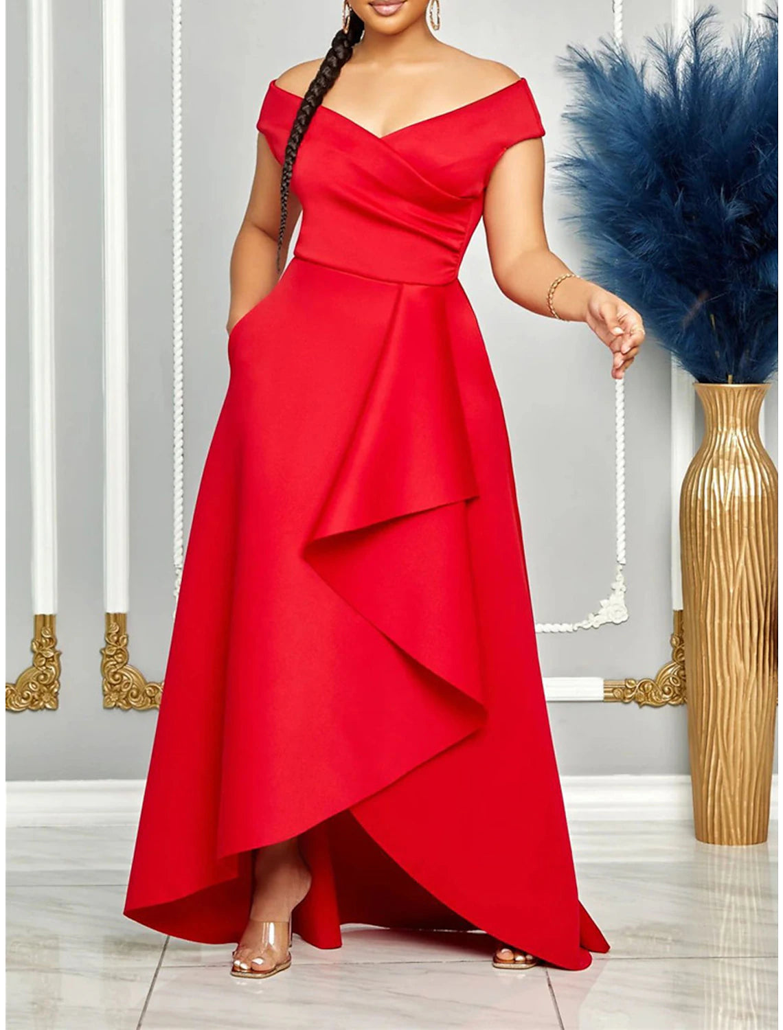 Weitese Women's Prom Dress Party Dress Wedding Guest Dress Long Dress Maxi Dress Black White Red Short Sleeve Plain Ruffle Summer Spring Fall V Neck Elegant Wedding Guest Evening Party Vacation