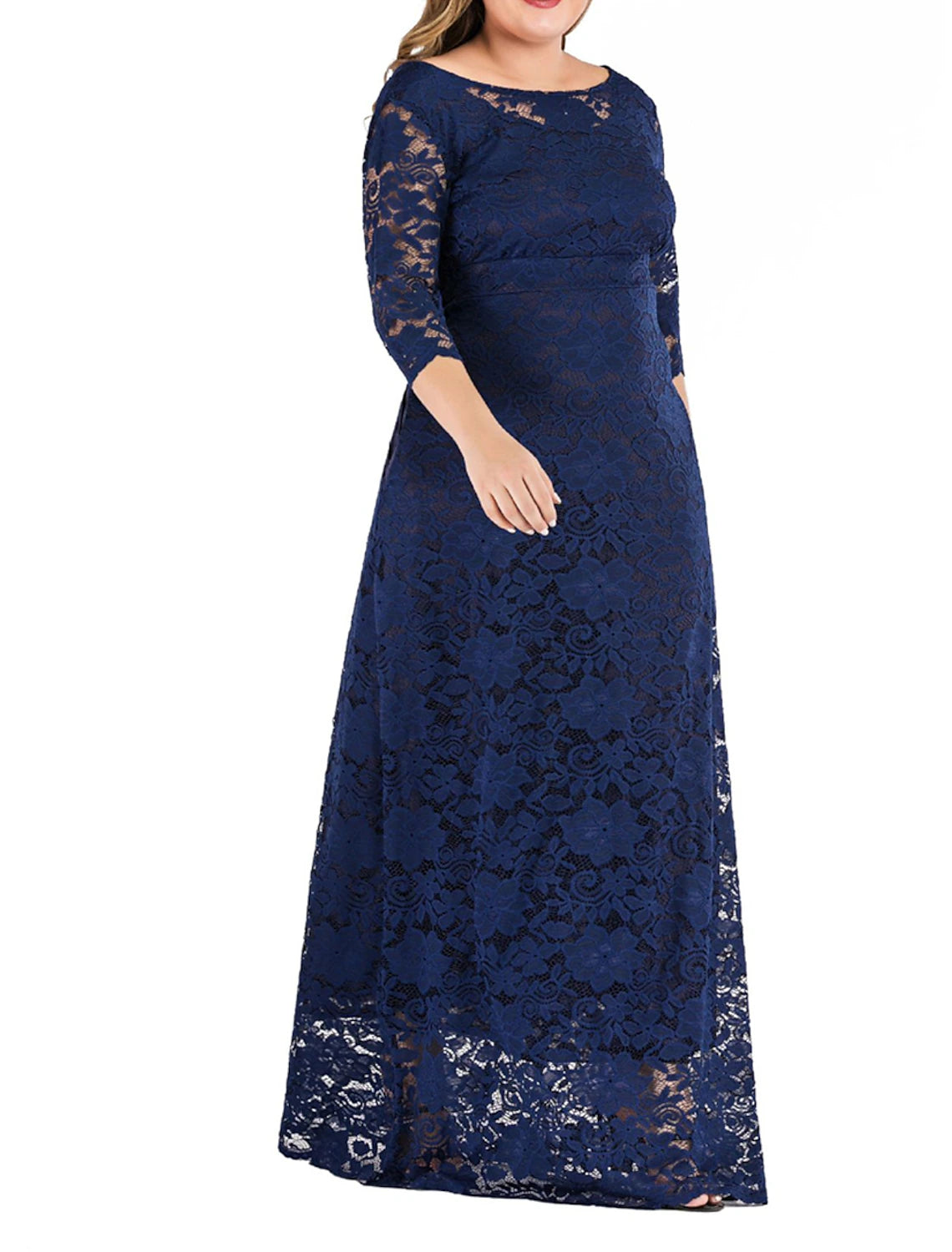 Robe de bal grande taille Weitese pour femme, robe de soirée en dentelle, robe longue, robe longue, noir, rouge, bleu foncé, manches 3/4, dentelle unie, été, printemps, automne, col ras du cou, élégante, pour mariage, anniversaire, soirée