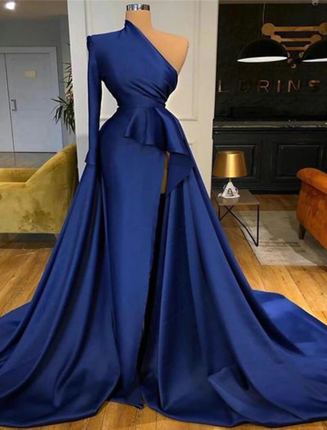 Weitese A-Line Evening Gown Peplum Dress Wedding Guest Formal Evening Court Train Long Sleeve One Shoulder Satin with Ruffles Slit