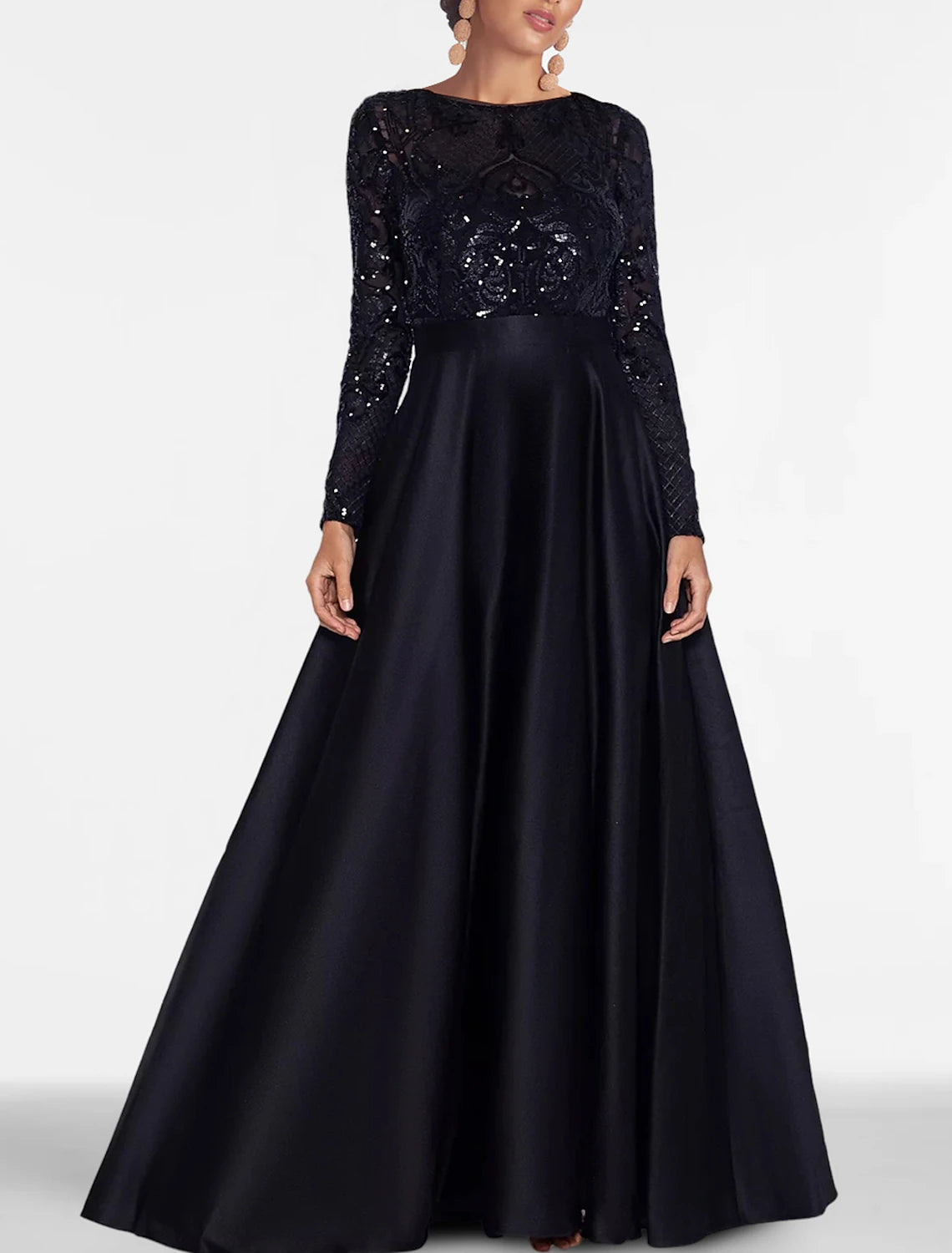 Weitese A-Line Evening Gown Elegant Dress Formal Black Tie Floor Length Long Sleeve Off Shoulder Fall Wedding Guest Satin with Slit Pocket