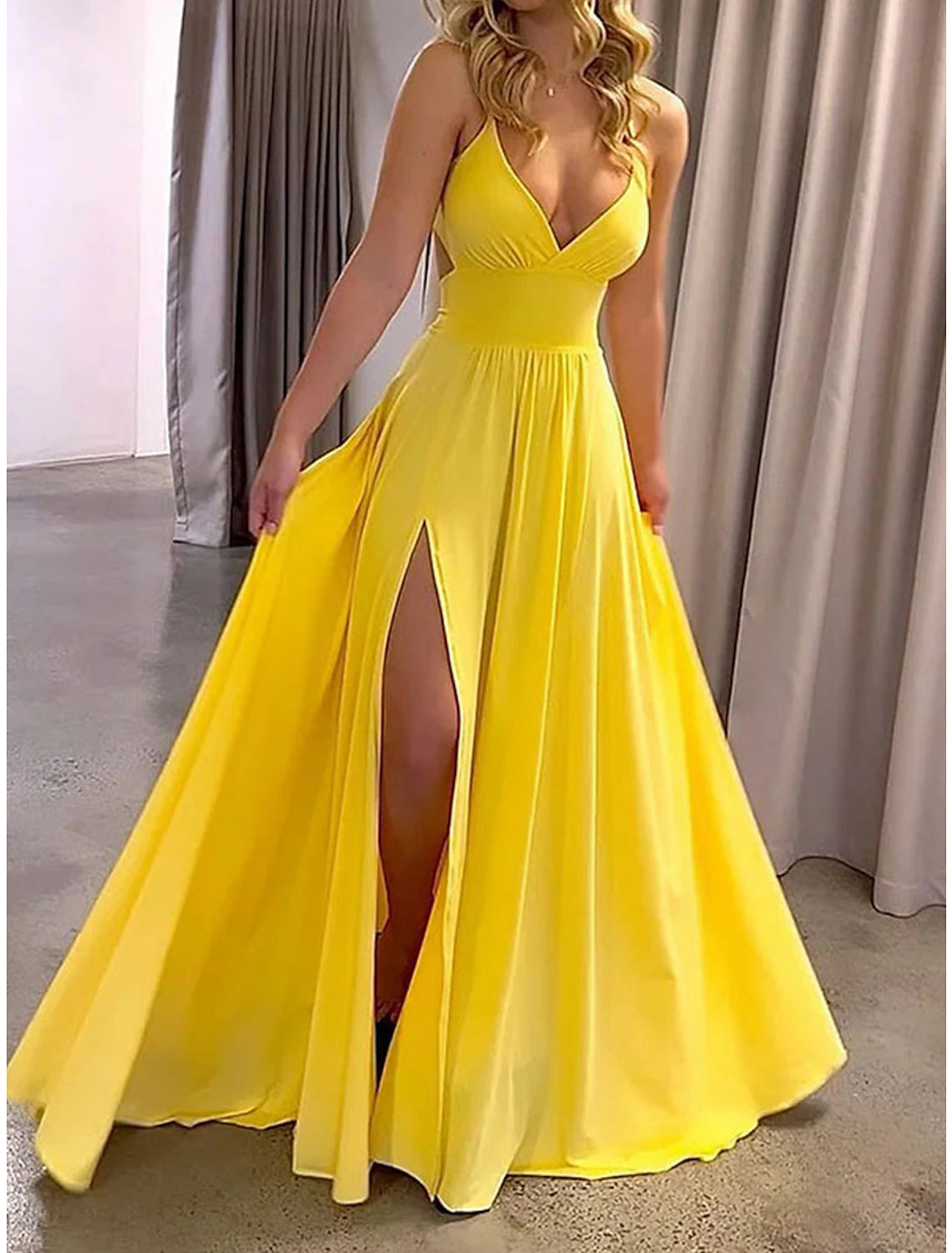 Weitese Women's Prom Dress Party Dress Sheath Dress Long Dress Maxi Dress Yellow Sleeveless Pure Color Ruched Fall Winter Autumn Spaghetti Strap Fashion Evening Party Vacation