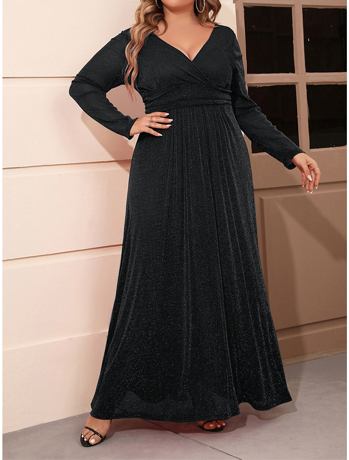 Weitese Femme Grande Taille Robe Noire Robe de Bal Robe de Soirée Robe Longue Robe Maxi Noir Rouge Manches Longues Maille Unie Été Printemps Automne Col V Élégant Invité de Mariage Anniversaire Soirée Fête