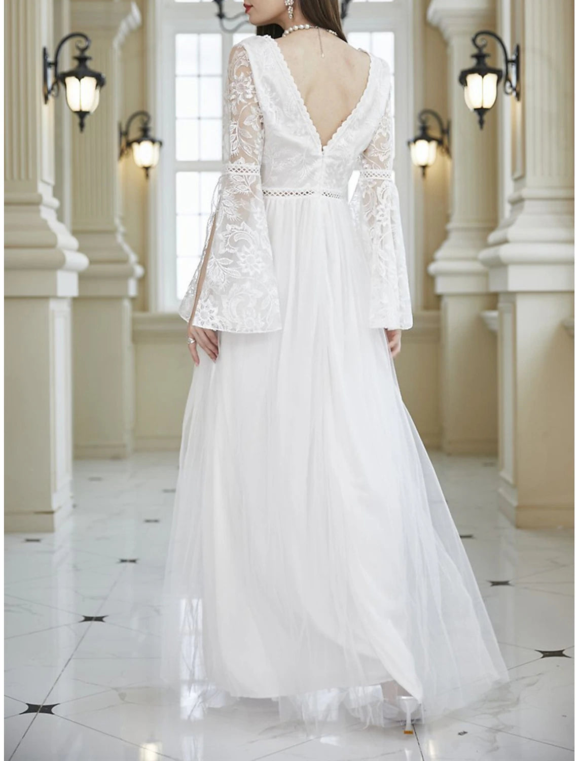 Weitese Women's Prom Dress Party Dress Lace Dress Long Dress Maxi Dress White Long Sleeve Pure Color Lace Summer Spring Fall V Neck Party Evening Party Wedding Guest Summer Dress