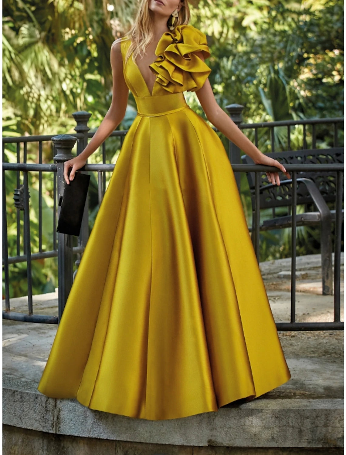 Weitese A-Line Evening Gown Elegant Dress Formal Wedding Guest Floor Length Sleeveless V Neck Satin with Shouder Flower