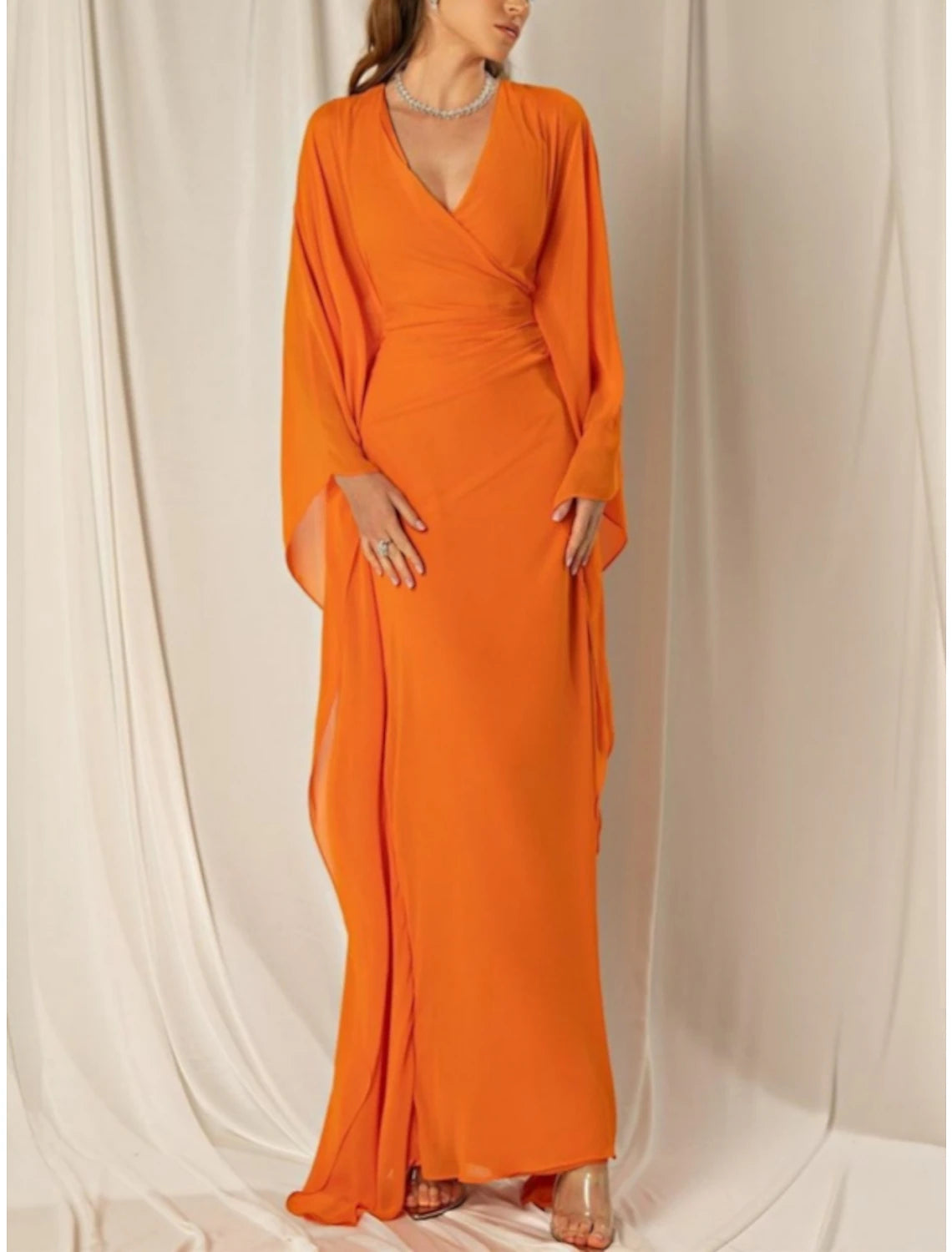 Weitese Sheath / Column Evening Gown Elegant Dress Formal Fall Ankle Length Long Sleeve V Neck Chiffon with Ruched Ruffles