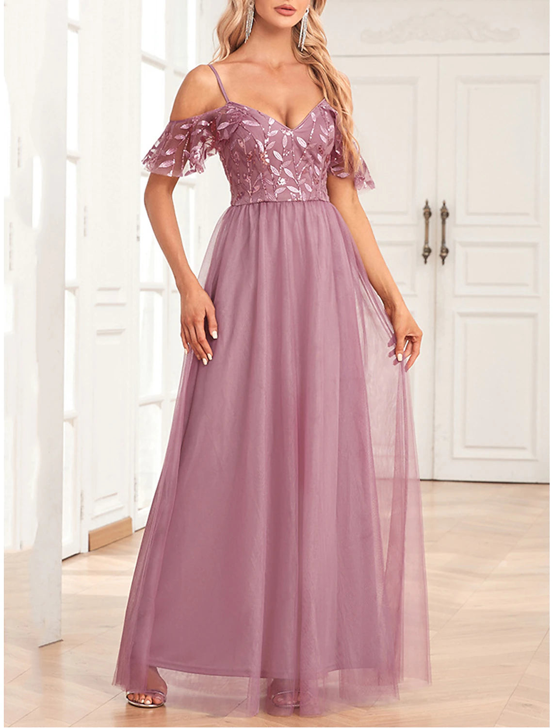 Weitese Women's Pink Sequin Dress Prom Dress Party Dress Sparkly Dress Long Dress Maxi Dress Short Sleeve Sparkly Glitter Fall Winter Spaghetti Strap Fashion Evening Party