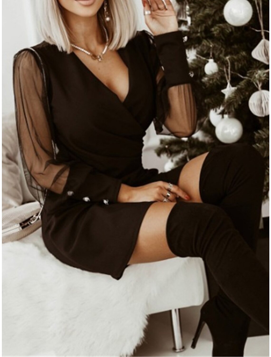 Weitese Women‘s Black Dress Party Dress Cocktail Dress Mini Dress Black Green Long Sleeve Mesh Spring Fall Winter V Neck Fashion Winter Dress Wedding Guest Evening Party Black Cocktail Dress
