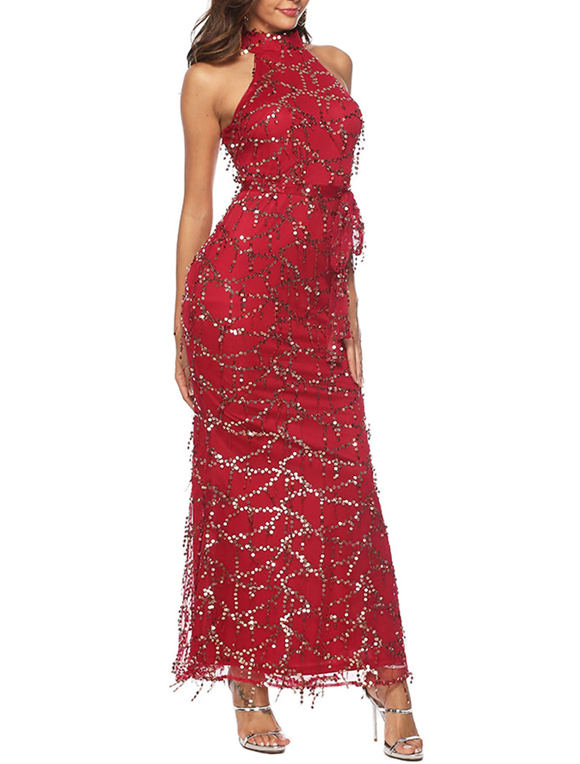 Weitese Women's Sequin Dress Fringe Dress Prom Dress Long Dress Maxi Dress Burgundy Sleeveless Plain Sequins Summer Spring Fall Halter Neck Red Valentines Dress Valentine's Day Wedding Guest Evening Party
