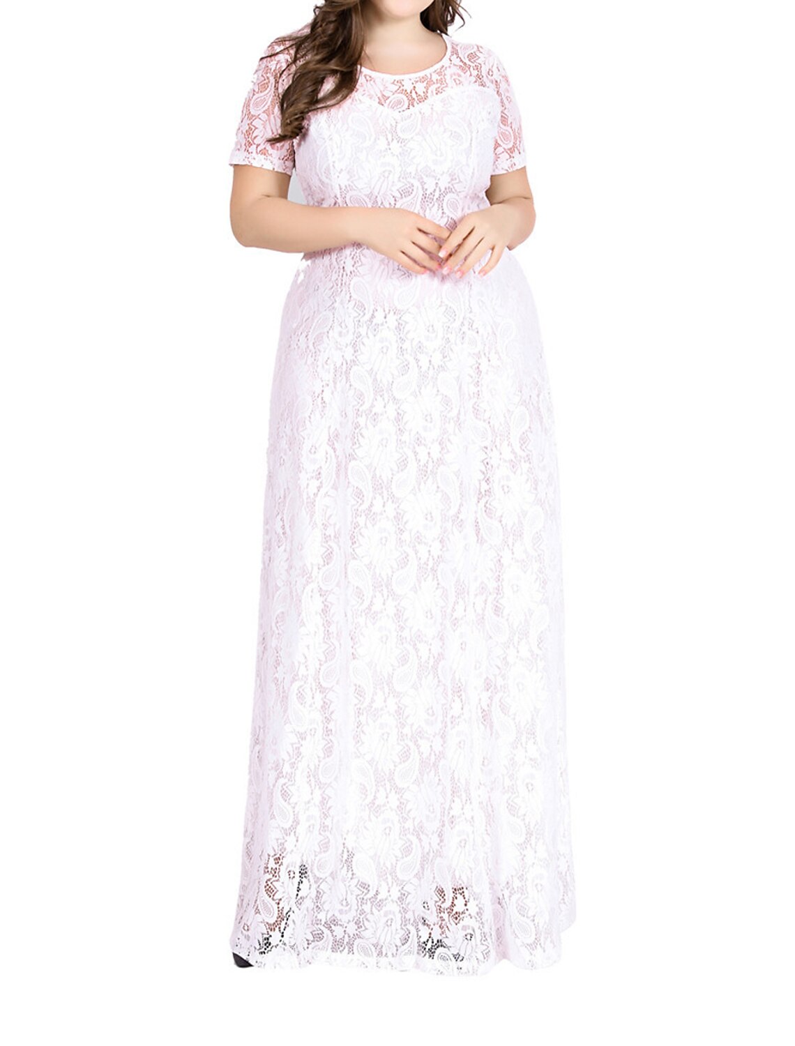 Weitese Femme Grande Taille Robe Noire Robe de Bal Robe de Soirée Robe Longue Robe Maxi Noir Blanc Manches Courtes Dentelle Unie Été Printemps Automne Col Rond Élégant Invité de Mariage Anniversaire Soirée Fête