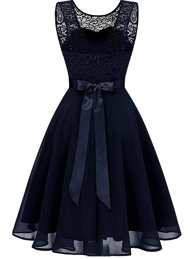 Women‘s Party Dress Lace Dress Knee Length Dress Pink Red Wine Dark Blue Red White Black Sleeveless Pure Color Lace Spring Summer Crew Neck Elegant