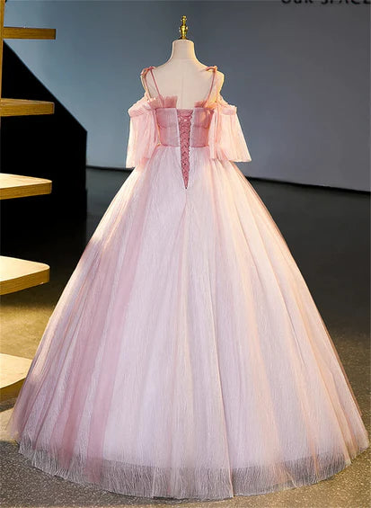 Robe de soirée longue rose en tulle à épaules dénudées et perles