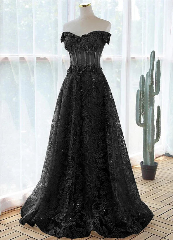 Black A-line Lace Off Shoulder Tulle with Lace Prom Dress