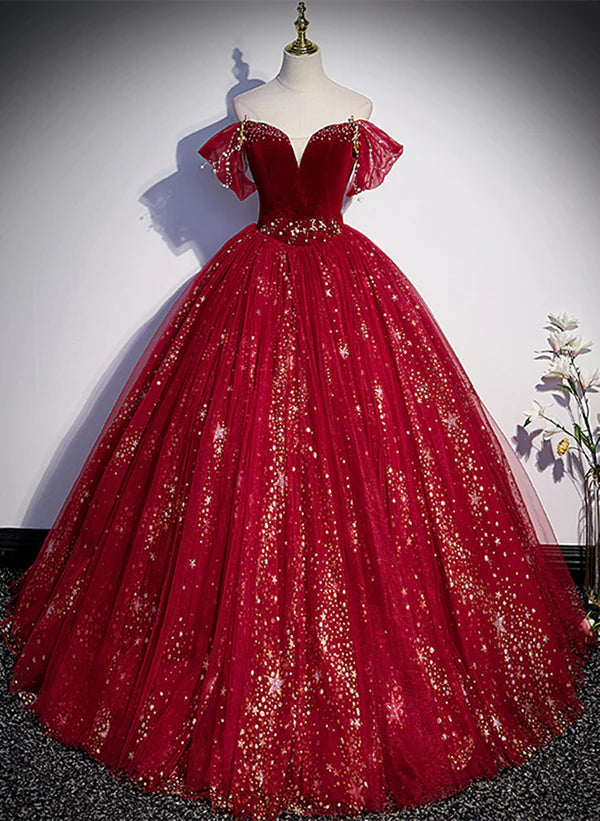 Wine Red Tulle Ball Gown Beaded Sweetheart Party Dress