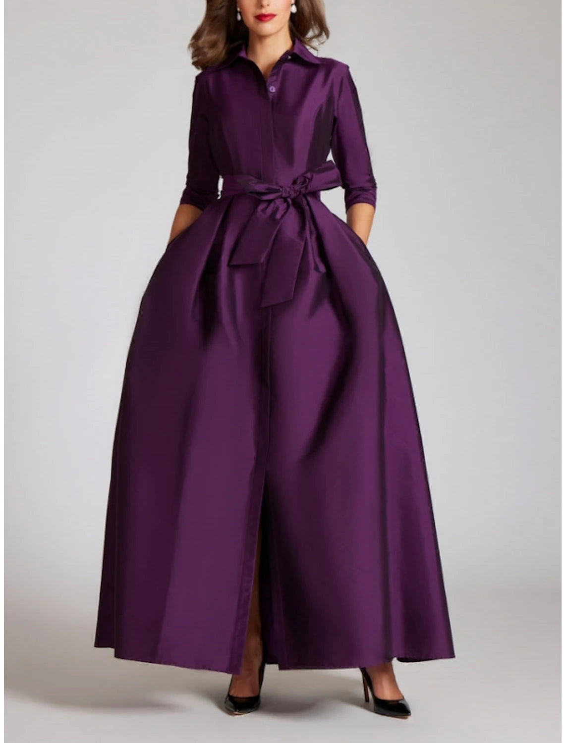 Weitese Satin A-Line Evening Gown Champagne Gold Minimalist Black Red Green Dress Dress Formal Fall Floor Length Half Sleeve Shirt Collar with Bow(s) Pleats