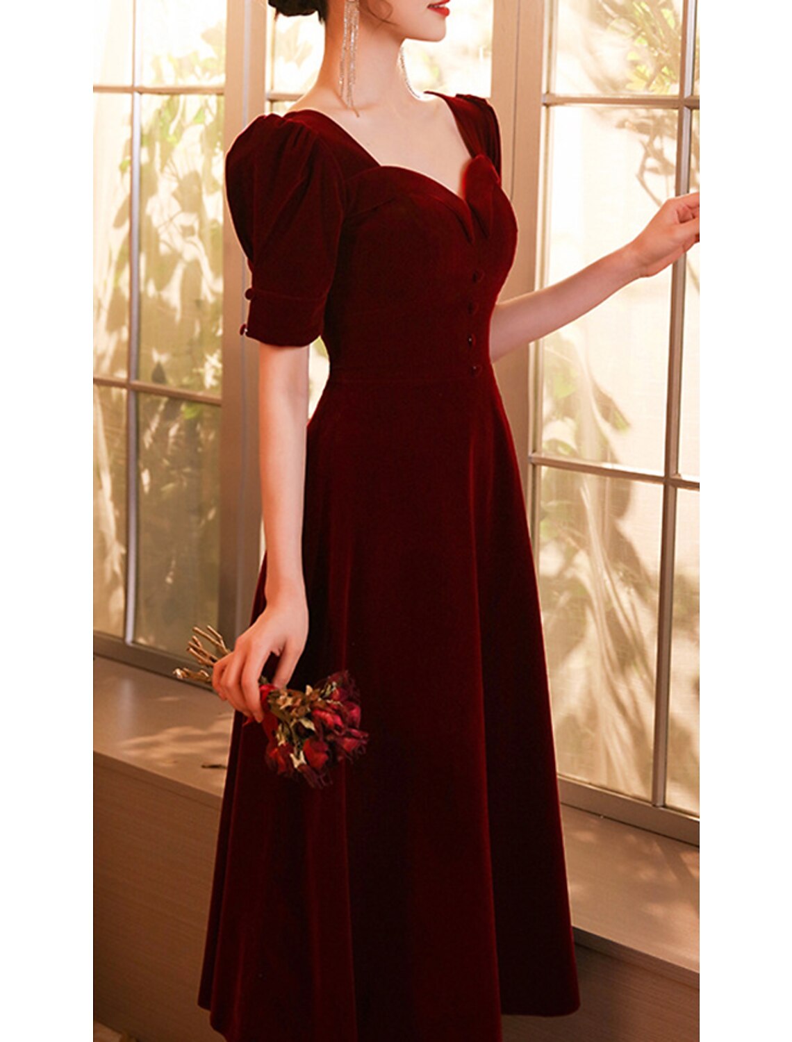 A-Line Cocktail Dresses Elegant Dress Wedding Guest Homecoming Tea Length Half Sleeve Scoop Neck Velvet with Buttons Party Dress