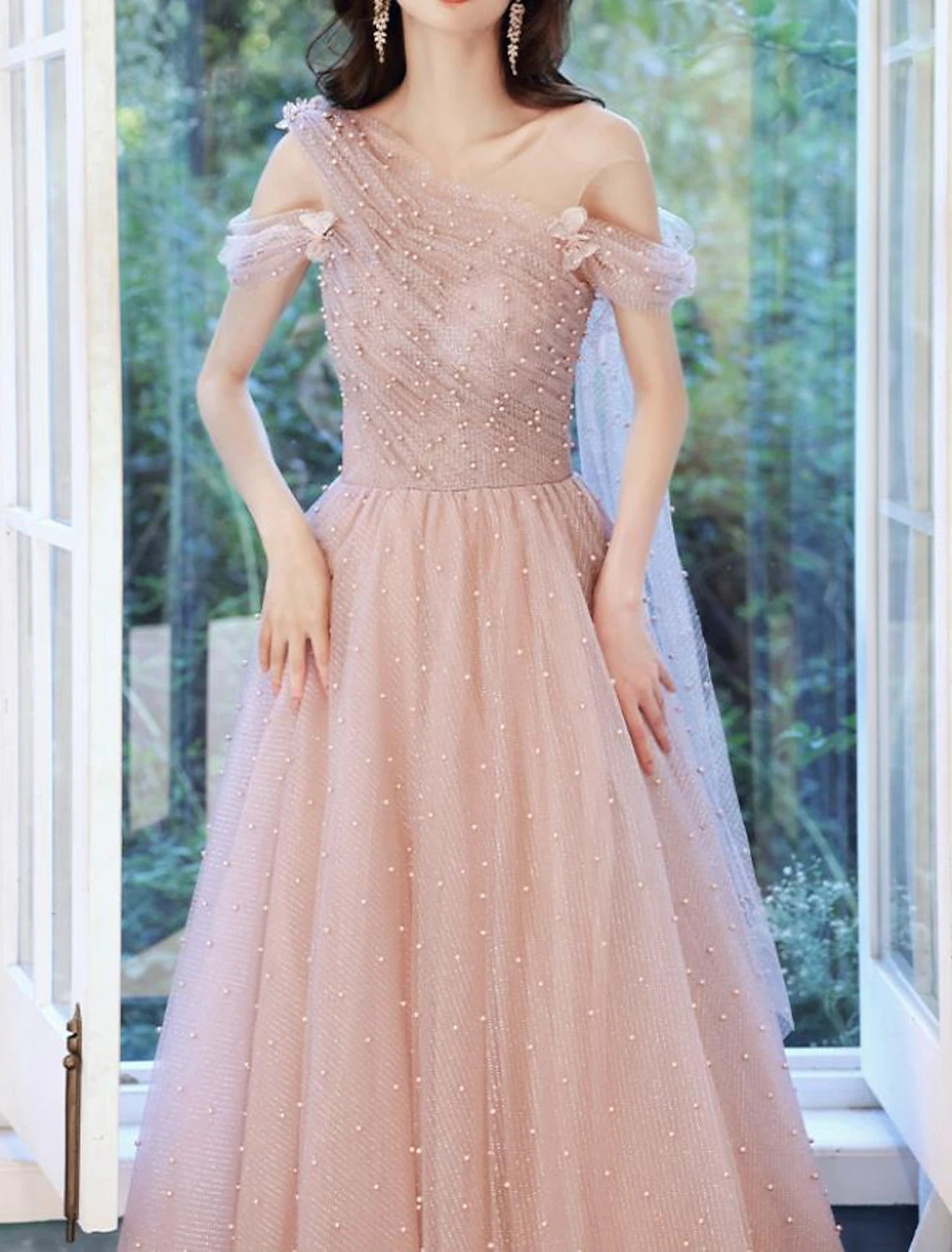 Weitese A-Line Prom Dresses Elegant Dress Wedding Guest Engagement Floor Length Sleeveless Illusion Neck Tulle with Pleats Beading