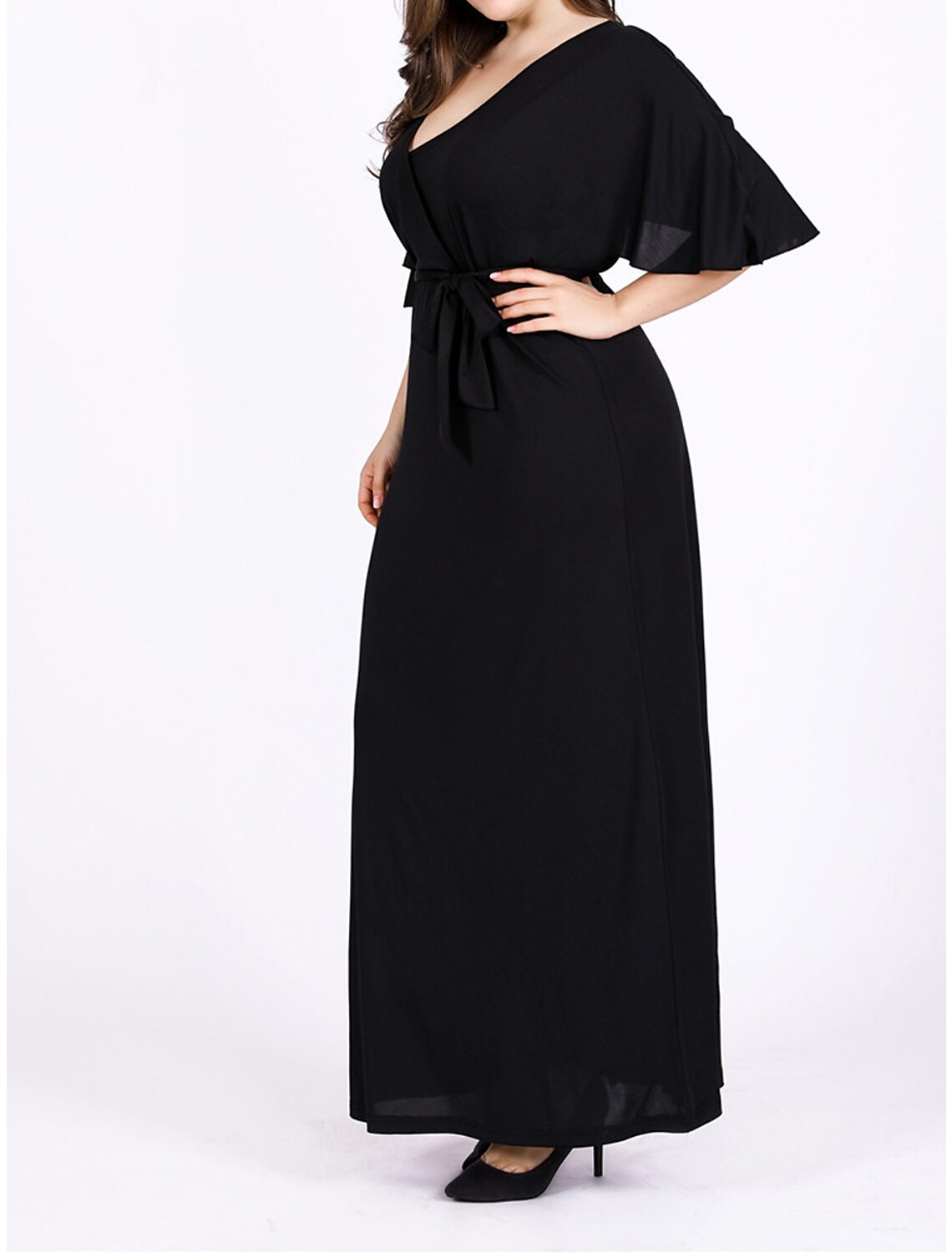 Robe noire grande taille Weitese pour femme, robe de bal, robe de soirée, robe longue, robe longue, noire, manches courtes, unie, lacets, été, printemps, automne, col en V, élégante, invité de mariage, anniversaire, soirée