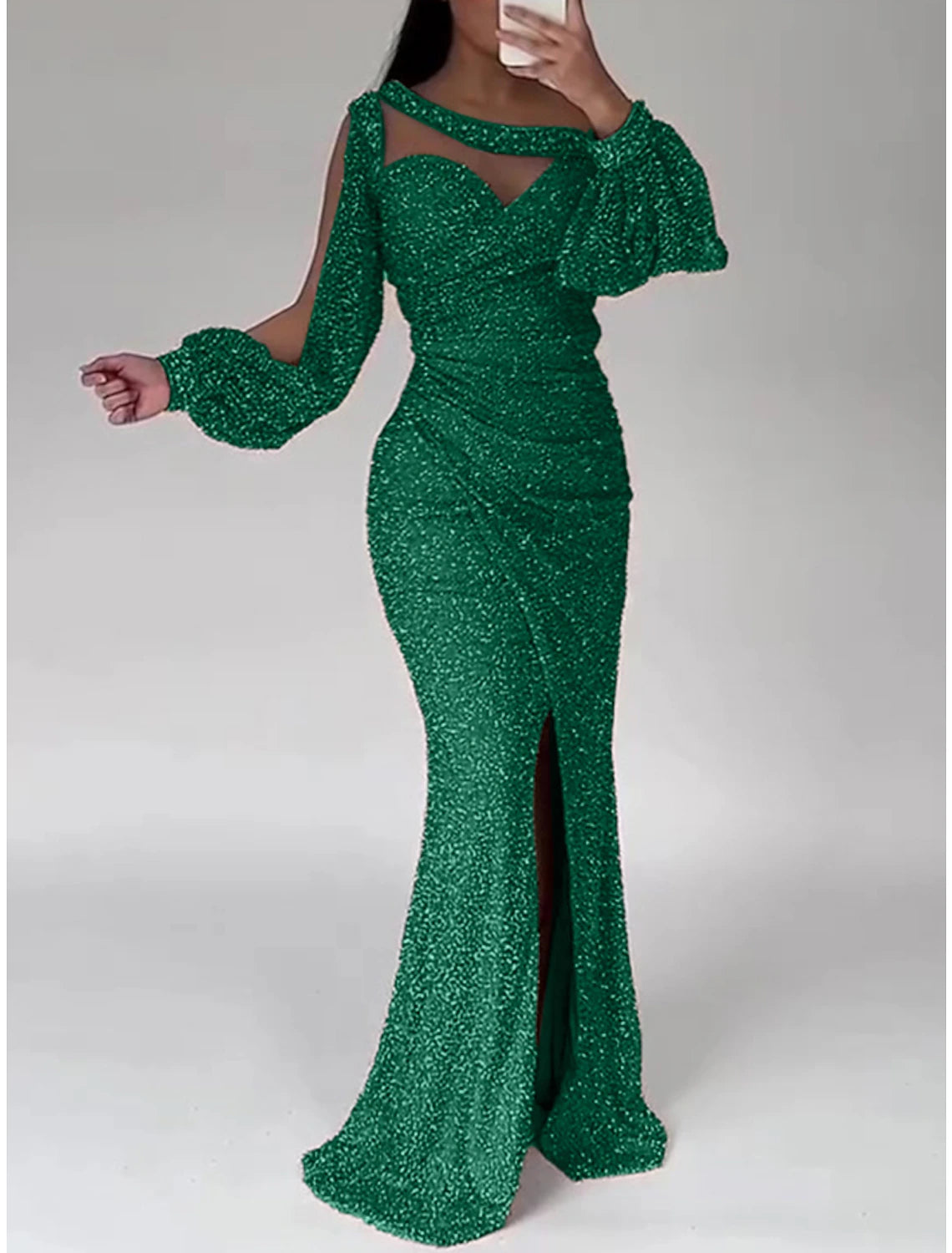 Weitese Mermaid Dress Evening Gown Champagne Gown Sparkle Sequin Dress Formal Floor Length Long Sleeve Scoop Neck with Ruched Slit