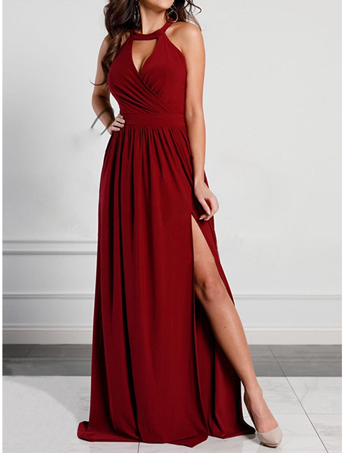 Weitese Women's Prom Dress Party Dress Wedding Guest Dress Long Dress Maxi Dress Pink Wine Green Sleeveless Plain Backless Summer Spring Fall Halter Neck Elegant Wedding Guest Evening Party Vacation